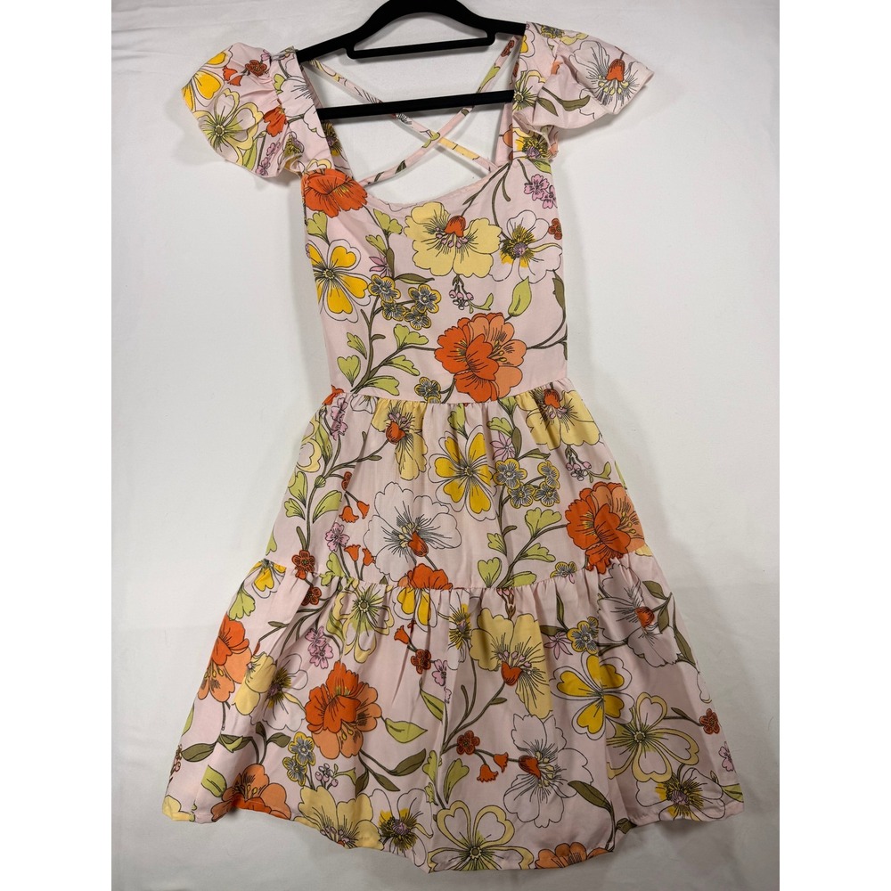 Lottie & Holly Floral Mini Dress Womens XS Pink NWT Boho Ruffle Tiered Skirt